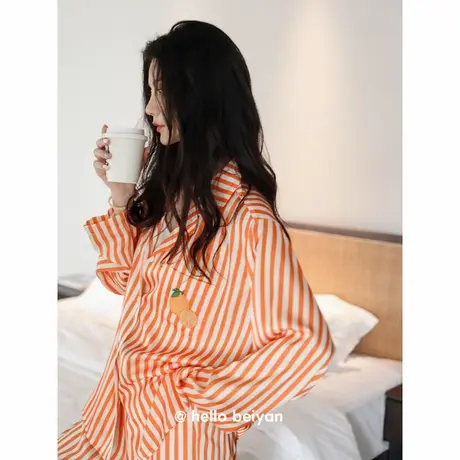贝妍睡衣女春秋新款长袖仿真丝家居服甜美女性感开衫冰丝薄款套装商品大图
