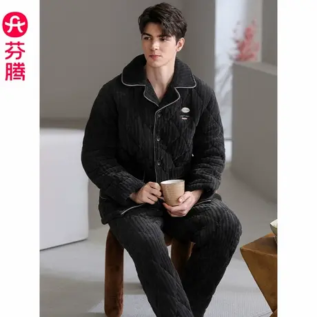 芬腾男士睡衣冬季加厚珊瑚绒冬天中年加绒男款大码夹棉家居服套装商品大图