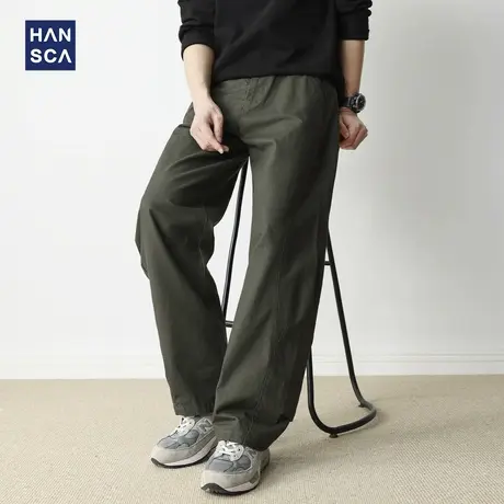hansca宽松阔腿休闲裤男秋季直筒格纹肌理复古工装风弧形拼接长裤商品大图