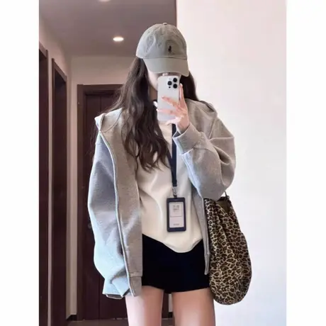 灰色卫衣开衫连帽女早秋薄款2025新款爆款超好看独特漂亮上衣外套商品大图