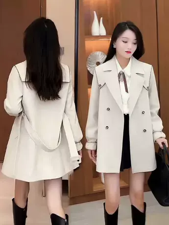 风衣外套女秋季2023新款中长款洋气小个子高级海军领双排扣大衣商品大图