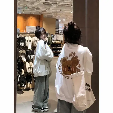 圆领无帽卫衣女秋冬加绒美式小个子宽松慵懒风oversize长袖上衣潮商品大图