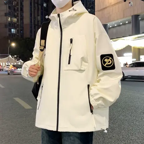 工装外套男秋季潮牌宽松帅气连帽夹克男生冬装加绒加厚冲锋衣褂子商品大图