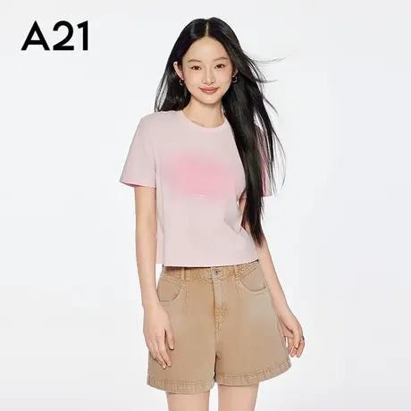 A21女装三色可选印花渐变色圆领T恤2025夏新款简约设计感字母上衣商品大图