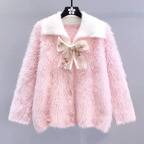 小香风polo领粉色水貂绒毛衣外套女秋冬2023新款宽松软糯针织开衫商品大图