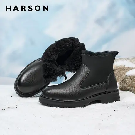 哈森冬季男鞋切尔西靴皮毛一体雪地靴加绒加厚保暖真皮羊毛棉鞋男图片