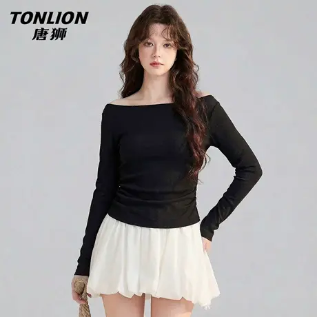唐狮官方黑色一字领长袖上衣女2026新款春秋款女士修身显瘦t恤VB图片