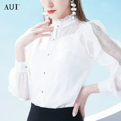 AUI白色名媛气质设计感雪纺衫女2023夏新款高级小众蕾丝拼接衬衫商品大图