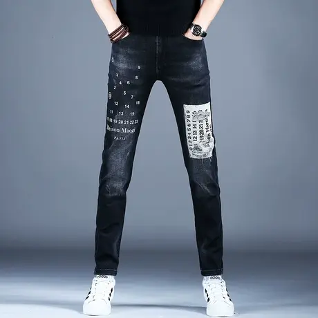男士破洞补丁印花牛仔裤男款修身小脚秋季潮牌潮流裤子男弹力2023商品大图