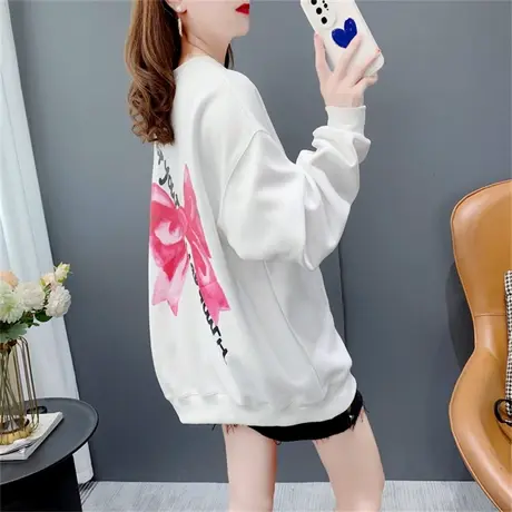 复古蝴蝶结印花圆领卫衣女秋季2022年新款韩版ins潮宽松洋气上衣商品大图