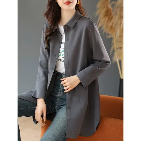 宝诗黎翻领中长款棉质宽松薄外套2023秋季新款韩版简约开衫上衣女商品大图