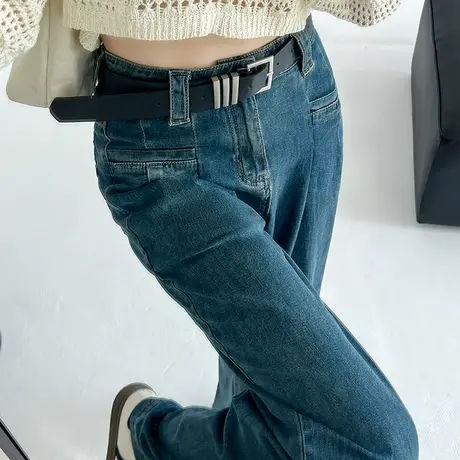 美式高腰牛仔裤女2023年初秋新款设计感小众显瘦小个子阔腿拖地裤图片