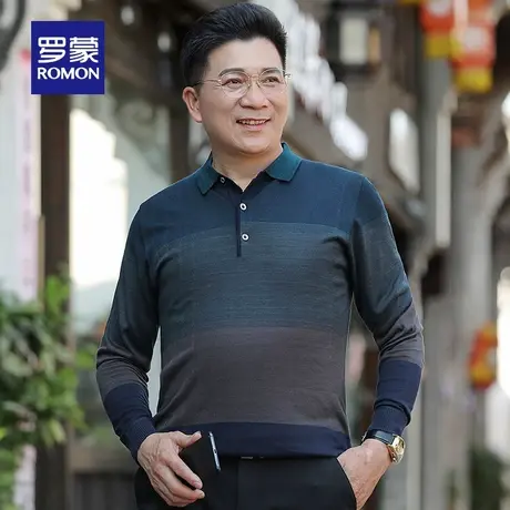 罗蒙男士长袖翻领针织衫2023秋季新款中老年爸爸装宽松百搭打底衫商品大图