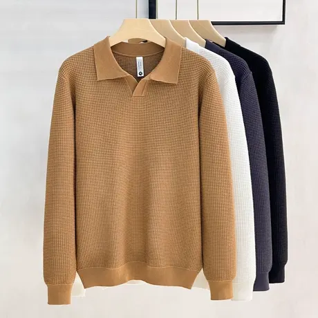 美式学院风复古毛针织翻领长袖T恤polo衫黑色毛衣秋冬轻熟风男士商品大图