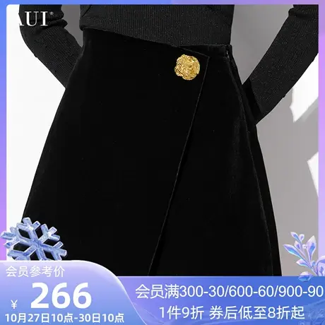 AUI黑色高端丝绒短裤女2023秋冬新款名媛气质高腰显高显瘦阔腿裤图片