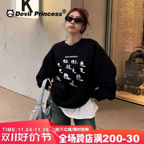 高级感ins潮牌黑色卫衣女宽松小众设计感超火百搭街头无帽上衣秋商品大图