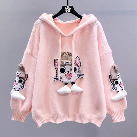 日系卡通猫咪连帽毛衣女秋冬2023新款宽松学院风甜美外穿针织衫商品大图