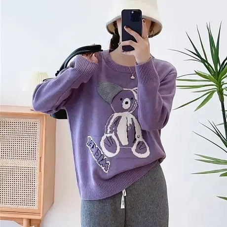 韩版圆领卡通宽松毛衣女2023秋冬季新款长袖针织衫套头毛衣上衣女图片