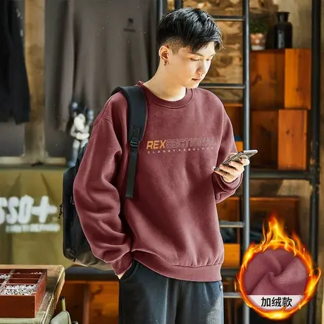 唐狮冬季撞色字母印花圆领卫衣男装外套美式宽松圆领衣服上衣酒红商品大图