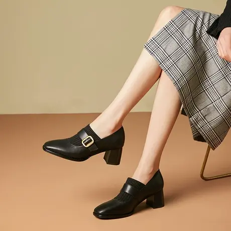 浓情漫宇新款春秋针织拼接皮鞋法式复古百搭皮带扣四季粗跟单鞋女商品大图