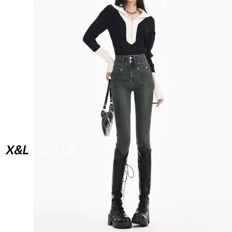 水泥灰高腰小脚牛仔裤女秋冬季2023新款加绒女士显瘦紧身铅笔裤子商品大图