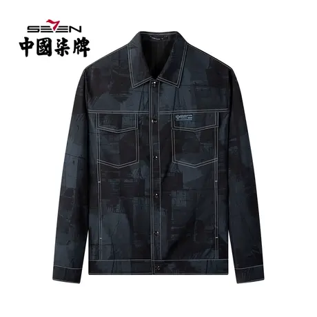 柒牌男士外套春秋款时尚潮流青年印花黑色工装夹克翻领长袖茄克衫商品大图