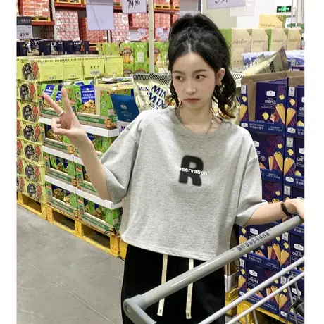 唐狮圆领短袖女T恤衫灰色夏季收腰短款港味chic上衣小众短袖T恤商品大图