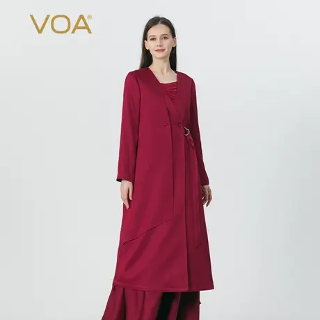 VOA枣泥红40姆米双面缎重磅真丝V领长袖双排扣铁环收腰桑蚕丝外套图片