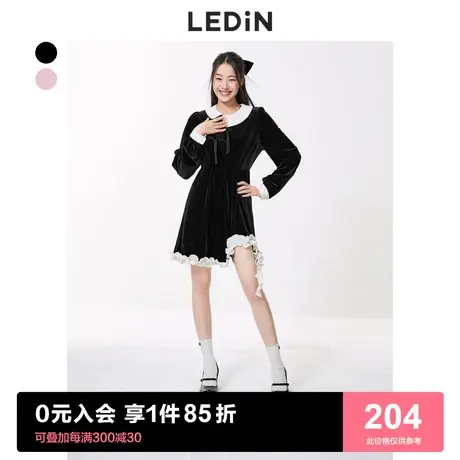 乐町国风盘扣连衣裙2023春季新款女装别致独特新中式黑色丝绒裙子图片