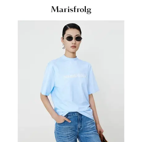 【多巴胺穿搭】玛丝菲尔夏季新款蓝色时尚logo印花短袖T恤女商品大图