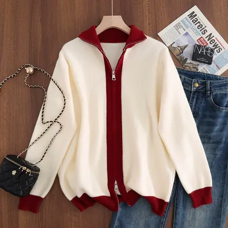 23097新款韩版宽松立领拉链衫长袖拼色开衫外套上衣百搭毛衣女商品大图