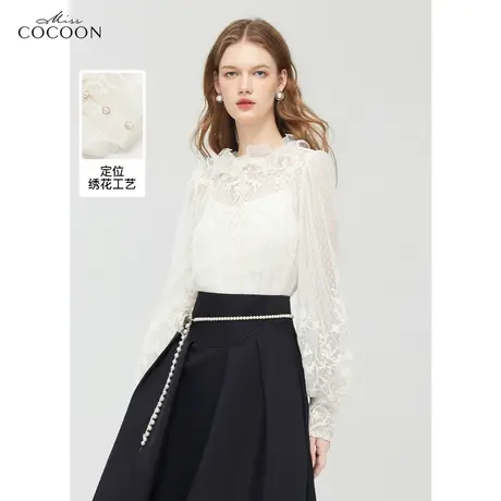 可可尼COCOON2025夏季新款荷叶花边领法式蕾丝上衣女高级感雪纺衫商品大图