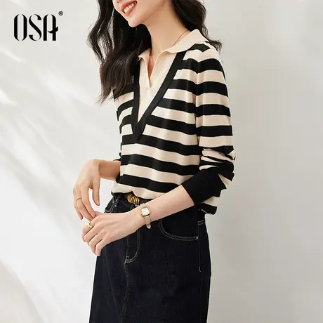 OSA欧莎假两件polo领外穿条纹针织衫春装女士2023年新款短款上衣商品大图