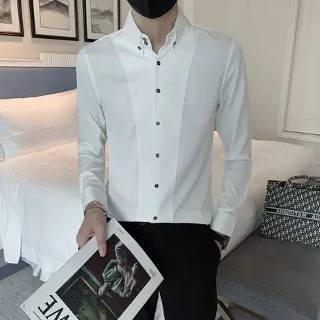 秋季男士衬衫长袖修身潮流纯色百搭网红潮牌ins个性休闲帅气衬衣商品大图