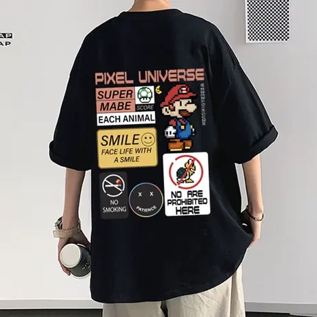 2024夏季新款宽松纯棉短袖T恤男潮牌马里奥印花圆领落肩半袖体恤T商品大图