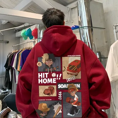 潮流2023新款连帽套头卫衣男ins秋冬季宽松卡通动漫印花帽衫外套商品大图