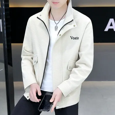 外套男士2023新款春秋季潮流华夫格子上衣休闲痞帅气立领刺绣夹克商品大图