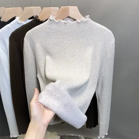 一体绒半高领毛衣女加绒加厚打底衫2023秋冬新款针织衫内搭上衣潮商品大图