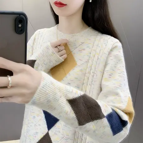 菱形提花毛衣女宽松2023年秋冬新款圆领夹色麻花套头针织上衣女图片