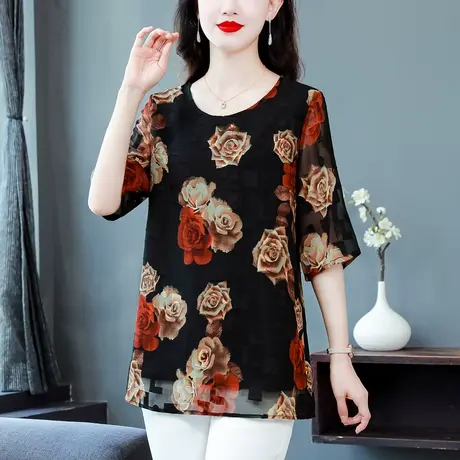 中年妈妈夏装雪纺衫洋气新款中老年人夏季中袖宽松显瘦遮肚子上衣商品大图