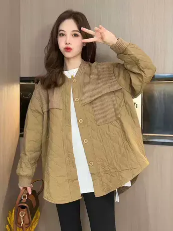 菱格棉服外套女2023秋冬装新款韩版宽松显瘦大码拼接轻薄棉衣夹克商品大图