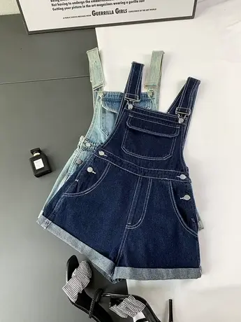 韩版网红时尚减龄牛仔背带裤女2023夏季新款高腰显瘦卷边连体短裤商品大图