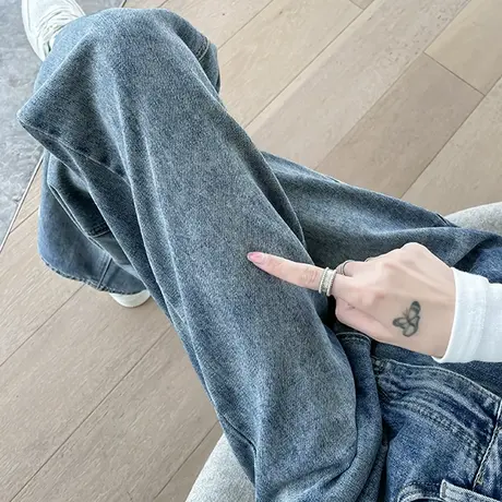 加绒阔腿牛仔裤女秋冬季新款高腰宽松显瘦水洗做旧小个子直筒裤子商品大图