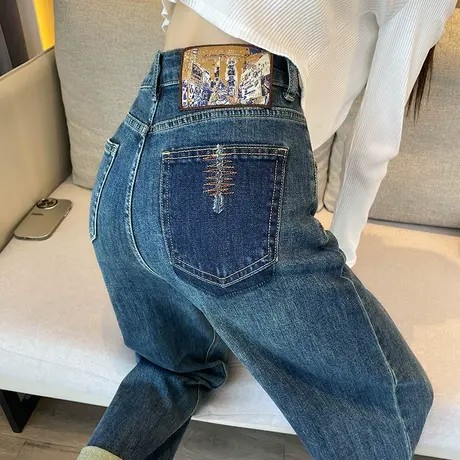撞色翻边复古哈伦牛仔裤女秋季新款高腰显瘦梨形身材直筒老爹裤潮商品大图