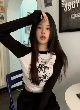 美式插肩长袖T恤女2024秋装新款打底衫内搭春秋紧身甜辣短款上衣图片