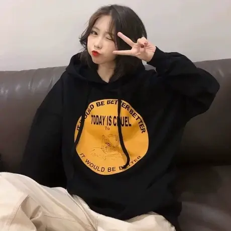 waitmore港风长袖卫衣女秋冬加绒加厚外套韩版ins潮学生宽松上衣图片