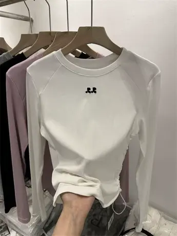 2023春季新款欧货抽绳褶皱收腰针织衫圆领长袖T恤女别致打底上衣图片