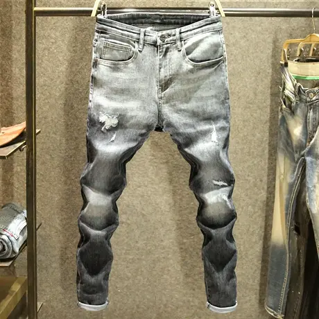 刮烂补丁牛仔裤男款夏季修身小脚裤潮牌渐变色痞帅裤子男潮流韩版商品大图