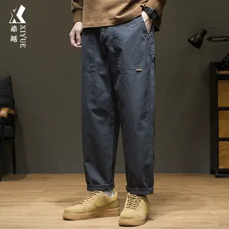 希越男士直筒休闲裤秋冬大口袋竹节棉工装裤子宽松大码灰色锥形裤商品大图