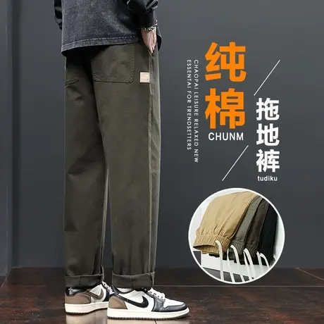男士军绿色工装男生春天阔腿纯棉休闲裤春季宽松紧腰男裤子春秋款图片